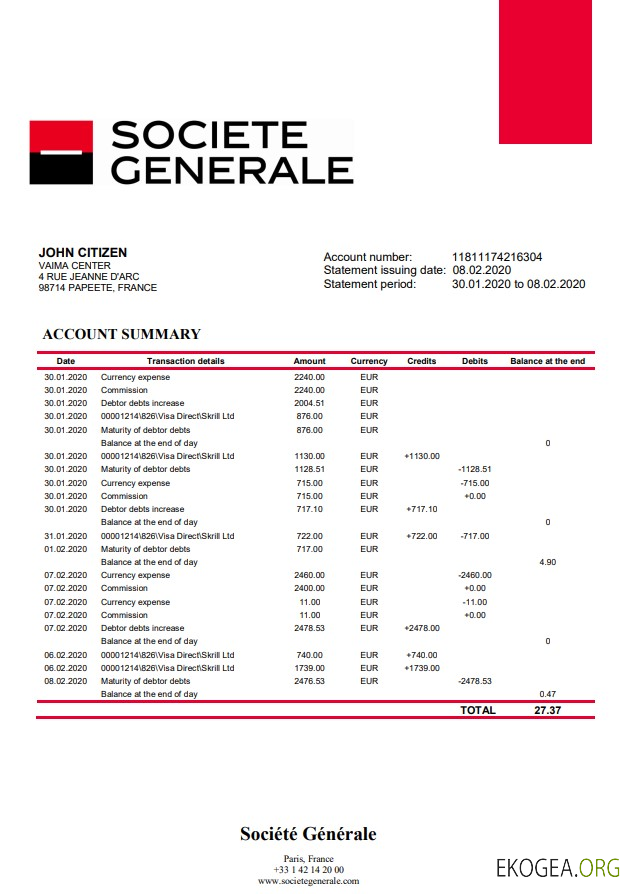 Relevé bancaire France Société Générale template Relevé bancaire France Société Générale template